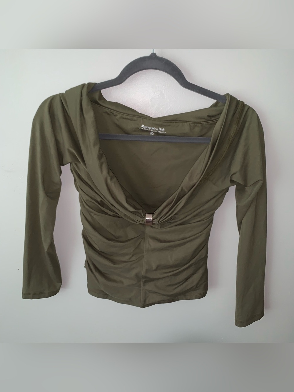 Abercrombie & Fitch Olive Green Ruched Front Long Sleeve Top with Hardware